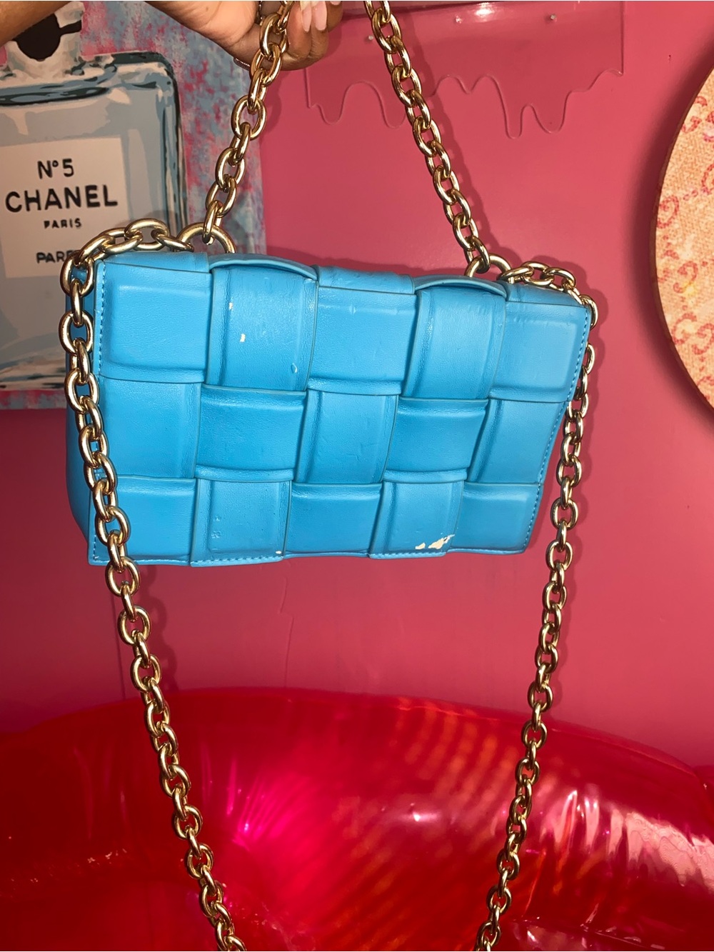 Fashion Nova Woven Crossbody Bag in Bright Blue with Gold Chain
